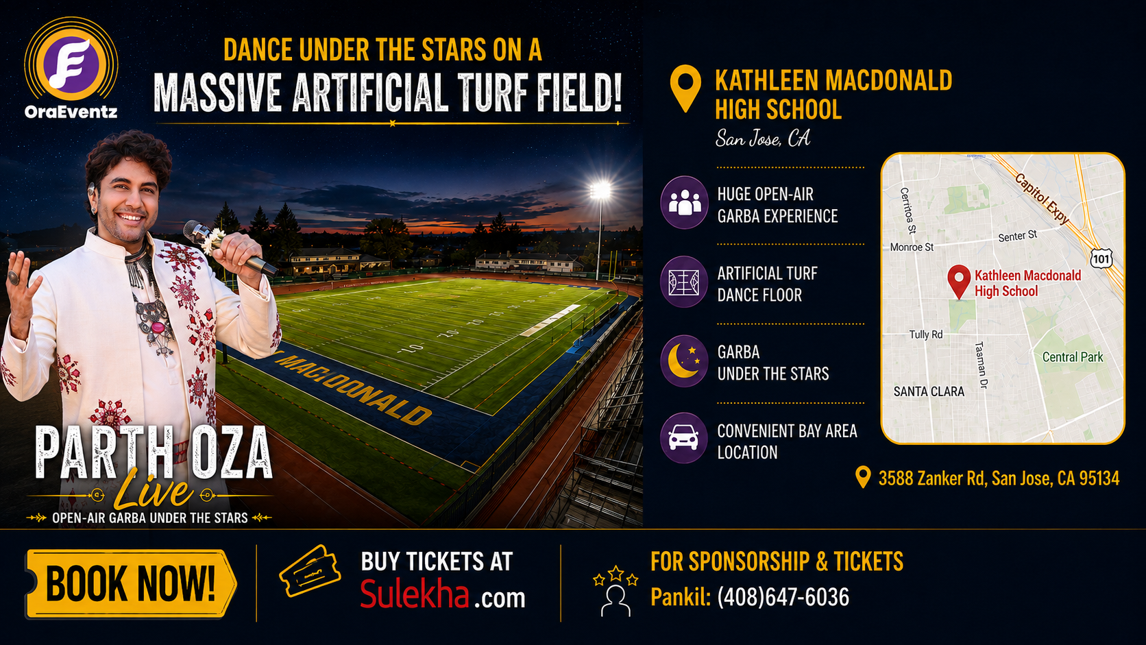Parth Oza Garba 2026 venue — Kathleen MacDonald High School artificial turf field in San Jose